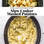 Pinterest image with the top image showing a measuring cup of chicken broth being poured over the cubed potatoes, the recipe title in the middle, and the fully combined mashed potatoes as the bottom image. 