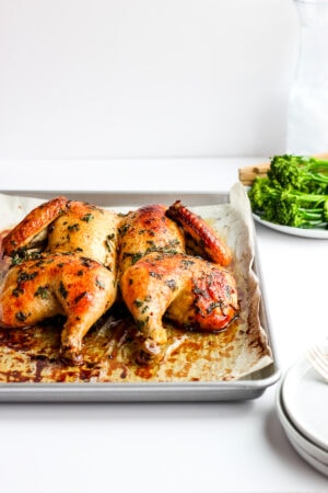 A roasted spatchcock chicken on a parchment-lined sheet pan with a plate of broccoli in the background.