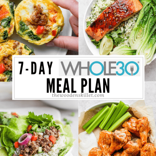 Images for baked egg bites, sesame ginger salmon, beef lettuce wraps, buffalo chicken wings, and the title "7-day Whole30 meal plan".