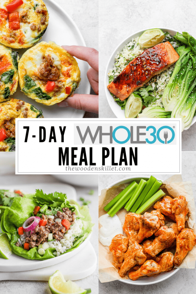 The title \"7-day Whole30 meal plan\" with images for baked egg cups, sesame ginger salmon, beef lettuce wraps, and buffalo chicken wings.