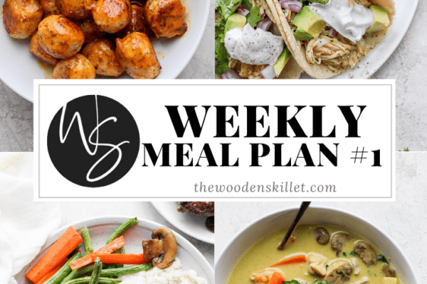 Images of buffalo chicken meatballs, salsa chicken tacos, chicken curry, veggies with mashed potatoes, and the title "Weekly Meal Plan #1".