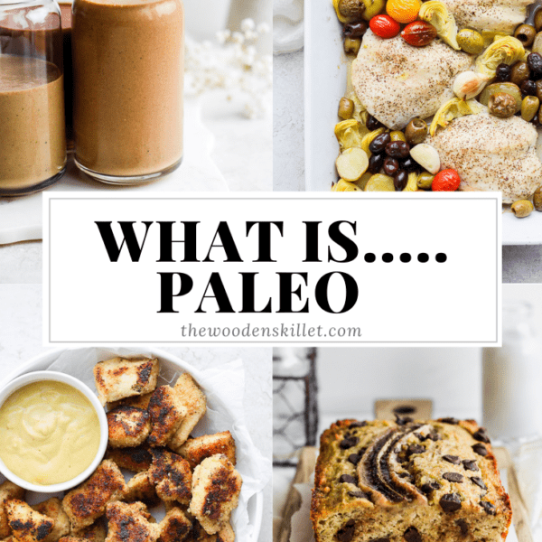 Images for a protein shake, greek chicken bake, homemade chicken nuggets, paleo chocolate chip banana bread and the title "What is...Paleo".