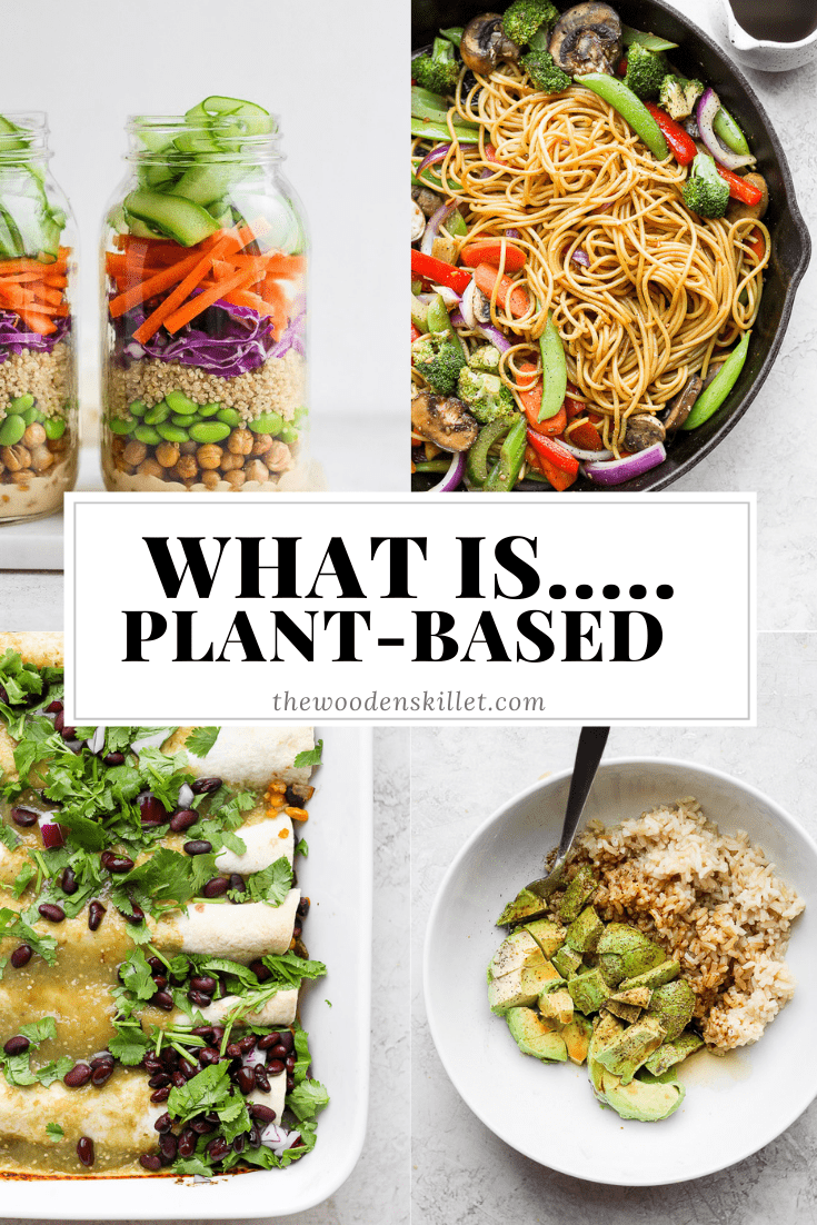 Images for a chickpea salad, veggie lo mein, vegan enchiladas, avocado rice bowl, and the title \"what is...plant-based\".