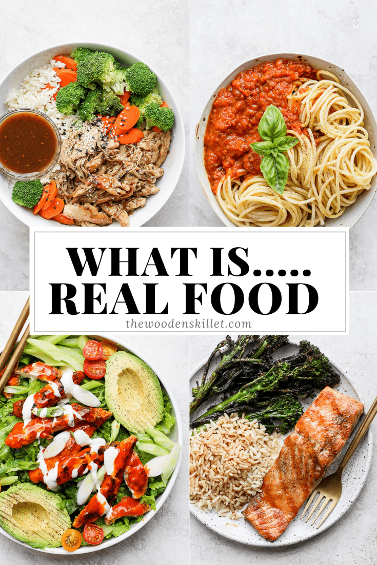 Images for a teriyaki chicken rice bowl, marinara sauce, crispy buffalo chicken salad, grilled salmon and the title \"what is...real food\".