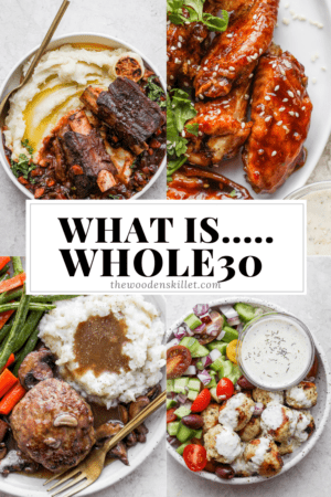 Images of braised short ribs, bbq chicken wings, salisbury steak, greek chicken meatballs and the title "what is... whole30".